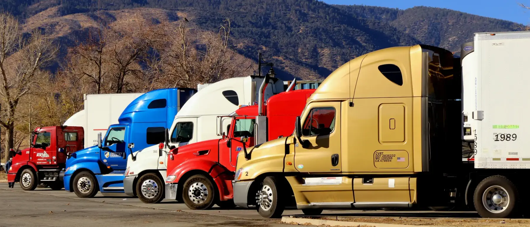 Tractocamiones estacionados en fila frente a las montañas